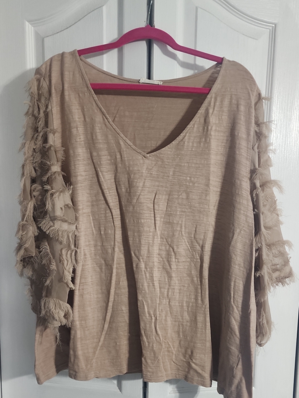 ANDTHEWHY Brand Boutique Boho Fringe Sleeve V-Neck Tunic - Beige